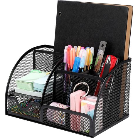 BEBUSINGOTO Porte-crayon organisateur de bureau en métal multifonctionnel avec boîte de rangement de papeterie à tiroir coulissant en maille pour la maison, école, le bureau noir (1/5)