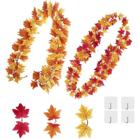 Herbstgirlande 2 Stück mit Haken, künstliche Ahornblätter, 2m, Gelb/Orange/Rot (1/5)