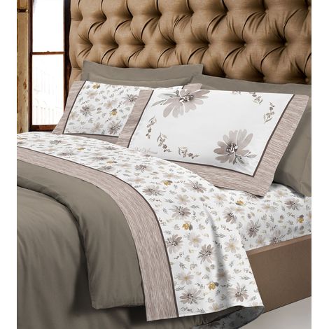 Completo letto matrimoniale made in italy 100% morbida e calda flanella di cotone modello super Europa fantasia floreal Beige - Matrimoniale
