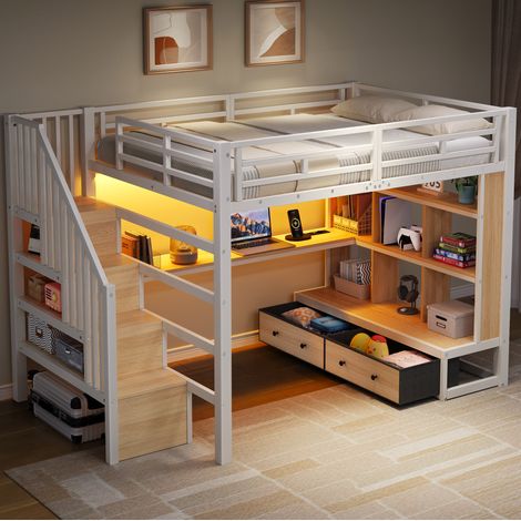 DESVIAE Lit mezzanine 140 x 200 cm avec bureau étagères deux tiroirs escalier de rangement éclairage LED blanc métal MDF (1/5)