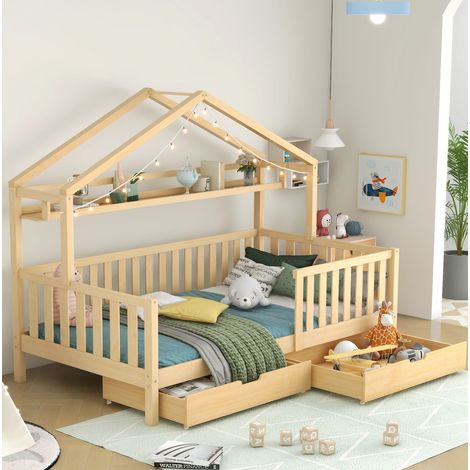 Kinderhausbett 90/200 cm natur aus Kiefer massiv mit 2 Schubladen (1/5)