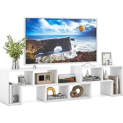 Bas Compartiments Ouverts Meuble TV Moderne, Bois, Blanc, (134-170) x 30 x 43 cm (1/5)