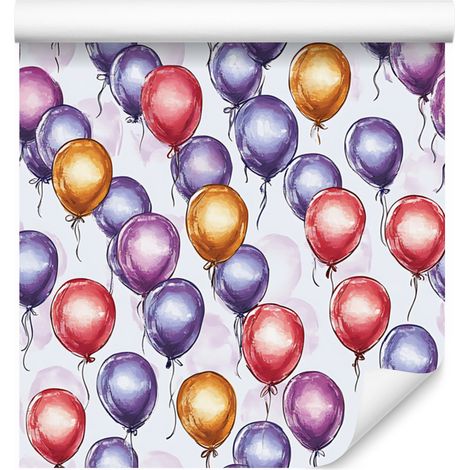 Papel pintado con globos de cumpleaños en blanco y morado para salón y dormitorio, 50x1000 cm. (1/5)