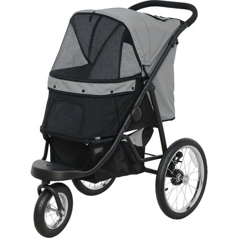 Poussette chien pliable avec panier rangement coussin lavable roues caoutchouc réglable gris