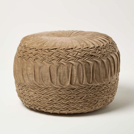 HOMESCAPES Pouf rond Sofia en velours plissé, Beige