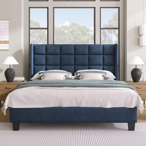 Letto matrimoniale imbottito in lino blu 140x200 cm con rete a doghe inclusa e testiera alta