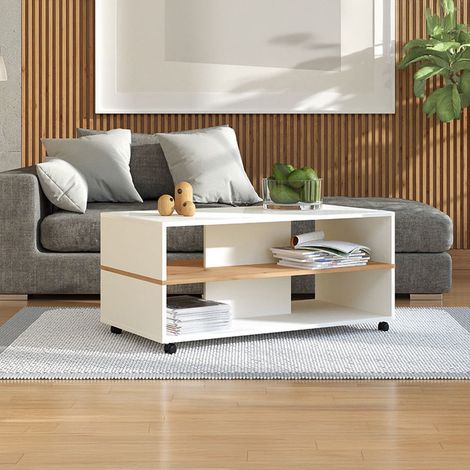 Mesa de centro Erice, con ruedas, 2 compartimentos, forma rectangular, 101x55x48h cm Blanco (1/5)