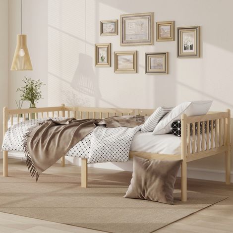 Cama de 90 x 200 cm - Cama individual de 90 x 200 de madera de pino con barandillas en tres lados y 14 listones - Cama con banco natural (1/5)