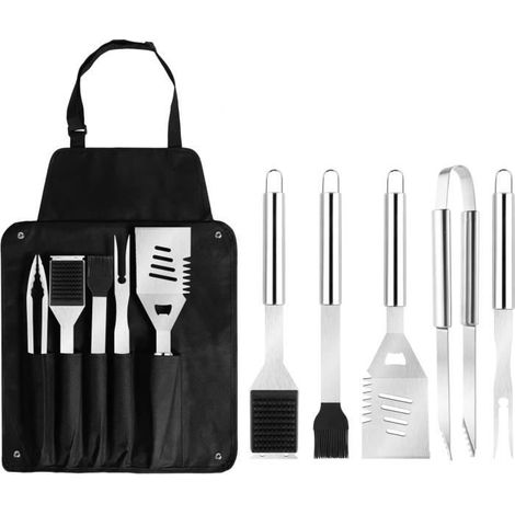 Set 6 pièces Accessoires barbecue, Sac portable 2 en 1, Tablier rangement, Ustensiles grille, Acier inoxydable, Intérieur extérieur (1/4)