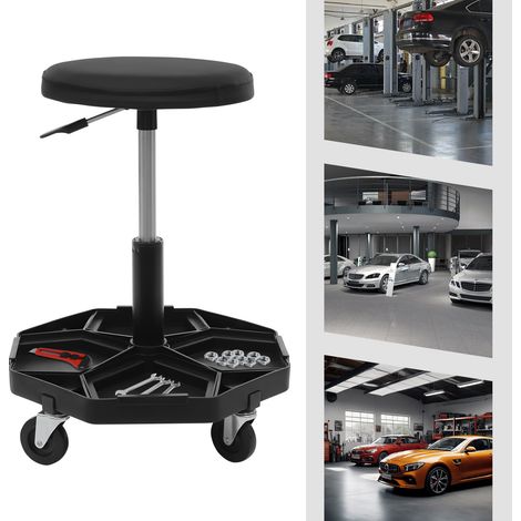 Werkstatthocker, Werkstatt Rollsitz 150 kg belastbar, 41-55cm höhenverstellbar, Werkstattsitz mit Ablage & 4 Rollen, Arbeitshocker für Werkzeug, Pneumatischer Rollhocker (1/5)