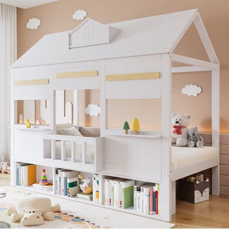 MEUBLIV Lit mezzanine enfant 90x200 cm blanc – maison, étagère, sans matelas (1/5)