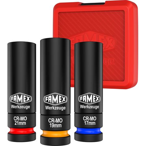 FAMEX 10807 Jeu de douilles à chocs 1/2" spécial jantes aluminium 17/19/21 mm – Jantes automobiles – Coffret 3 pièces – PROFESSIONNEL (1/5)