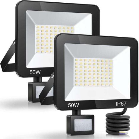 50 W outdoor LED light with motion sensor (pack of 2), water resistant IP67, 5000 lm, 7000 K, cold white, for garden, patio and entrance. (1/4)