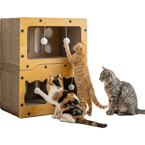 Villa pour Chats, Carton Écologique, Structure à Trois Couches, Double Niveaux, Convient pour Plusieurs Chats, Design Imitation Maison (1/5)