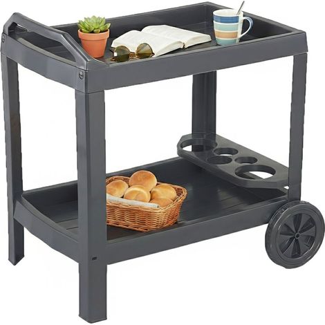 Carrello Chidester, 2 Ripiani, Ruote Made in Italy, con Portabicchieri, 53x74x73h cm Nero Antracite