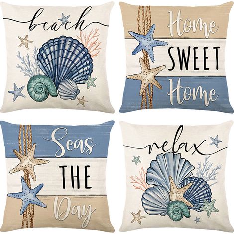 Housse de Coussin 45x45 cm, Lot de 4 Housses de Coussin Coquillages et Étoile de Mer Thème Océan Taie d'oreiller Décorative Carrée en Polyester (1/5)