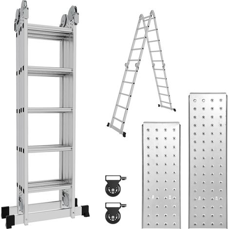 Randaco Echelle pliante Echelle multifonctionnelle Echelle télescopique, 4x5 marches, ecarteur de mur, escabeau, 2 plaques plateforme de travail