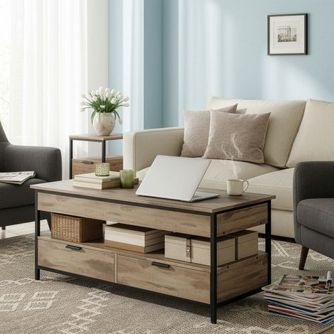 Table de Café avec Rangement Ouvert, Plateau Relevable, Tiroirs, pour Salon, Compartiment Caché, 120 x 50 cm, Marron et Noir (1/5)