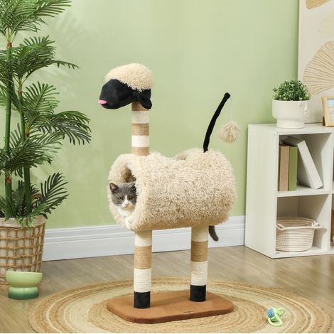 Arbre à chat motif mouton noir, avec griffoirs, tunnel et balle, 98 cm, pour chats jusqu’à 5 kg, brun, montage facile, idéal pour jouer et se reposer - CHICFURN (1/5)
