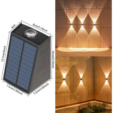 CYUNSHOP Lampe murale solaire trapèze – 2LED, lumière chaude 2 niveaux, décoration jardin, étanche sans fil. (1/4)