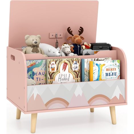 Caja de juguetes de madera con estantería frontal y tapa - Rosa