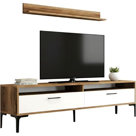 Dmora - Parete attrezzata Oho, Composizione soggiorno, Mobile salotto multiuso, Armadio porta TV, 180x35h47 cm, Noce e Bianco