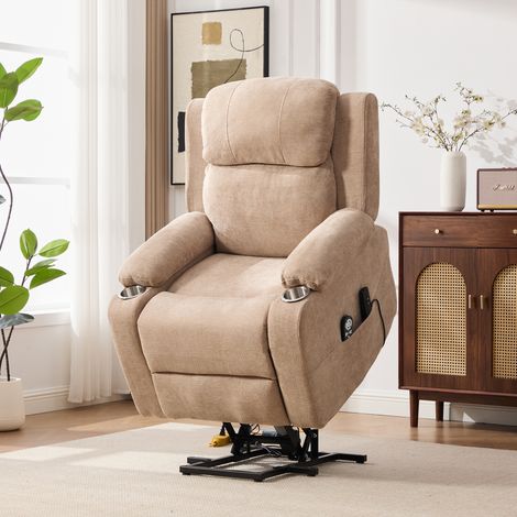 Fauteuil électrique multifonction avec aide à la levée, massage et chauffage. Dossier et repose-pieds électriques, poches latérales et porte-gobelets. Couleur taupe. (1/5)