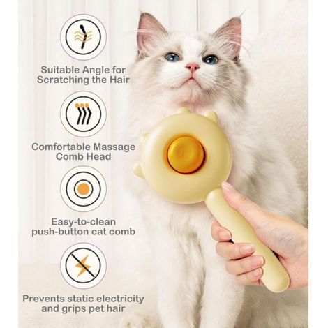 Brosse pour animaux de compagnie, brosse pour chiens et chats, brosse pour chats à poils longs et courts, brosse autonettoyante pour animaux de compagnie (jaune) (1/5)