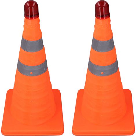 Lot de 2 cônes de signalisation pliables 45 cm orange à col réfléchissant et 2 feux d'alerte pour parking et allée (1/5)