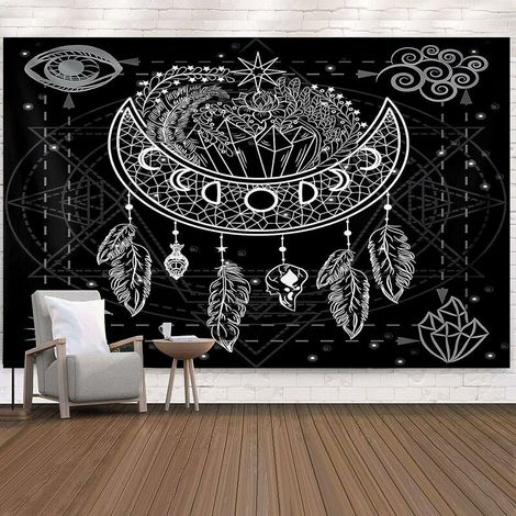 Tapisserie noir et blanc Mandala tapisserie psychédélique lune plume tapisserie maison décoration murale literie couvre-lit 150x130 cm (1/5)