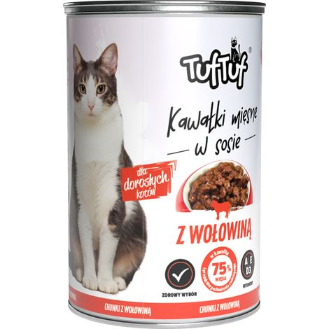 Cibo umido per gatti TufTuf, lattina da 415 g con bocconcini in salsa al manzo. (1/2)