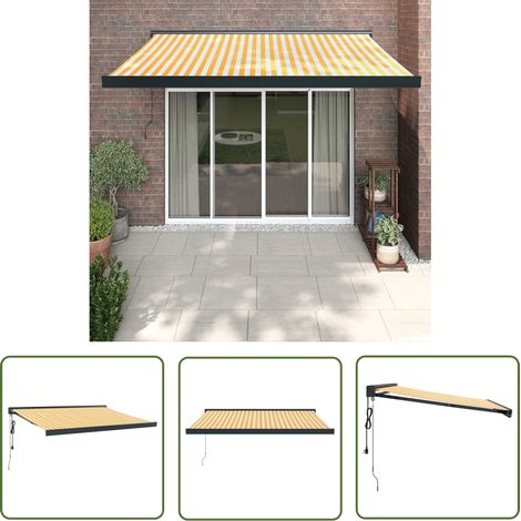 The Living Store Auvent rétractable jaune et blanc 3x2,5 m tissu et aluminium - Store Véranda - Auvent Extensible - Parasol Mural - Protection Solaire Extérieure - Abri Terrasse (1/5)