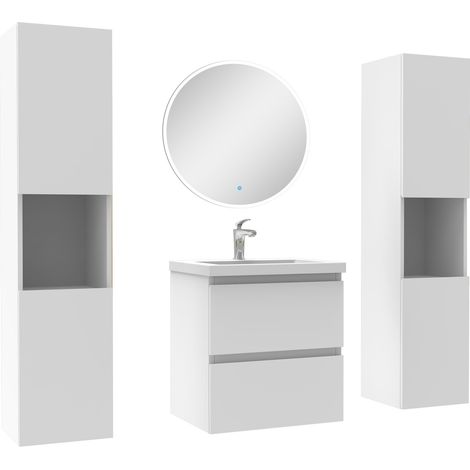 Ensemble meubles Salle de Bain avec colonne et miroir rond mural 50cm meuble blanc (1/5)