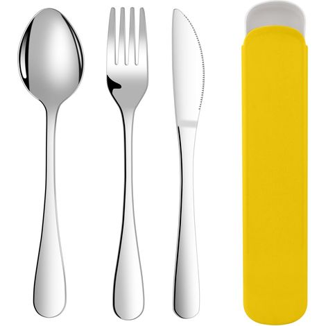 Set de couverts 3 pièces en acier inoxydable, avec étui, lavable au lave-vaisselle, idéal voyage et bureau. (1/5)