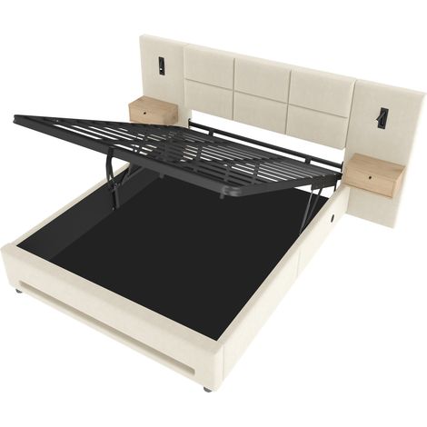 Cama con canapé 180 x 200 cm de terciopelo beige con cabecero, LED, USB-C y almacenaje (1/5)