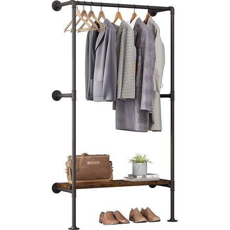 WOLTU Kleiderstange industrial schwarz,Kleiderständer für Wandmontage,Garderobenständer mit Ablage,für Schlafzimmer,Kleiderstangensystem aus Metallrohren MDF (1/5)