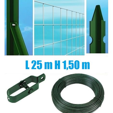 Recinzione Completa Eco 25mt Lineari Rete Metallica Zincata (Rete h150 cm) (Maglia:mm50X75) con Paletti Plastificati Posti nel Cemento (1/2)