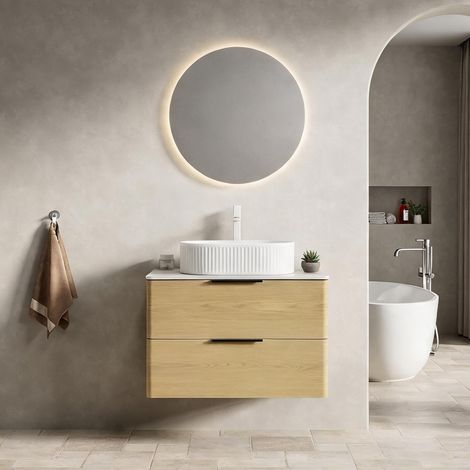 Meuble vasque suspendu 75 cm en travertin et chêne clair (1/5)