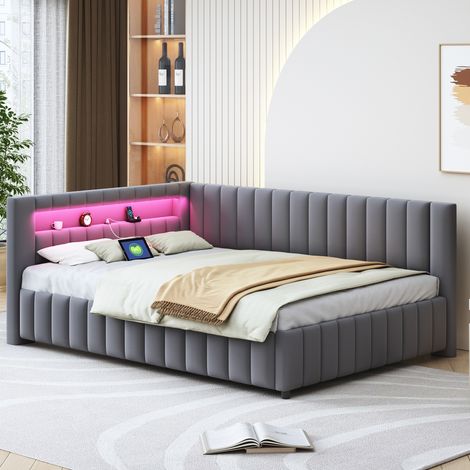 Bett Schlafsofa 140x200 mit LED Samt Grau OKMYHOME (1/5)