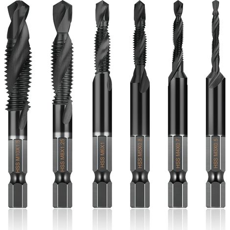 Lot de 6 tarauds combinés avec forets M3 M4 M5 M6 M8 M10, acier HSS revêtement titane, tige hexagonale 6 mm pour métal et bois (1/5)
