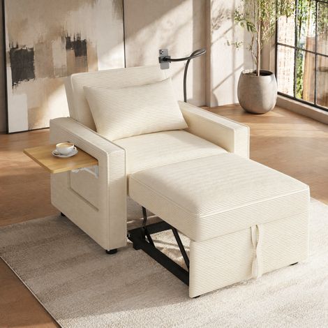Canapé-lit convertible 93x150x85 cm en tissu côtelé beige, gain de place pour salon FLORAGRACE (1/5)