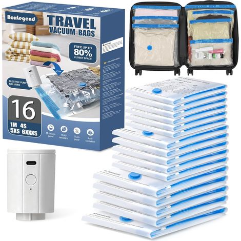 16PCS Sacs Sous Vide Voyage avec Pompe Électrique USB, Épais et Imperméables, Économisez 70% d'Espace, Adaptés aux Valises et Sacs à Dos, 4 Tailles Différentes (70x50/55x45/50x40/40x35cm) (1/5)