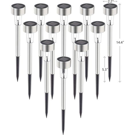 Paquete de 12 luces solares para caminos, acero inoxidable IP44, resistentes al agua, encendido/apagado automático, luces solares para exteriores para jardín, patio, terraza, entrada y acceso. (Blanco (1/5)