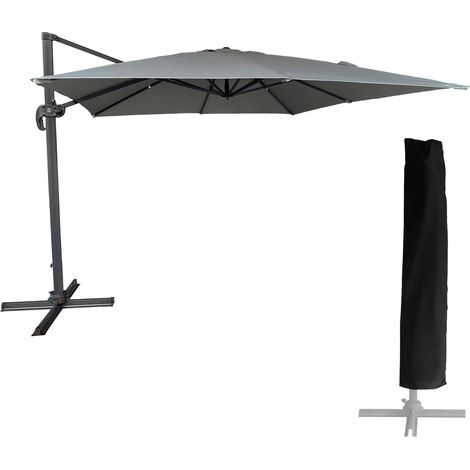 Happy Garden – Parasol déporté carré 3x3m gris – Toile polyester 200g/m² anti-UV – Mât en aluminium – Inclinaison et rotation 360°