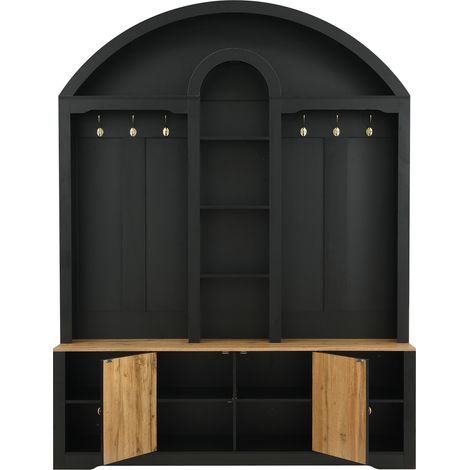 Multifunktionaler Garderobenschrank aus schwarzem MDF mit Kleiderstange, Regalen und Schuhfächern (1/5)