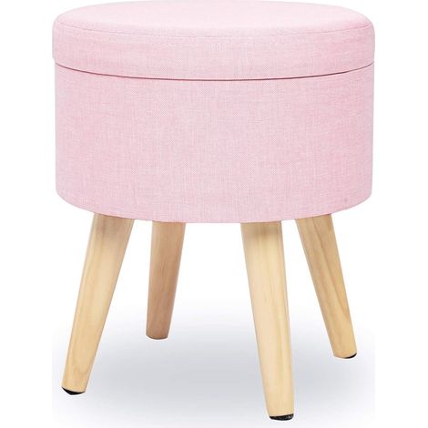 MINKUROW Pouf Sgabello Tessuto Contenitore Rotondo Poggiapiedi Soggiorno Design Moderno Sedia Lino Sedile Riposato Colore Gambe In Legno Con Coperchio Rosa (1/5)