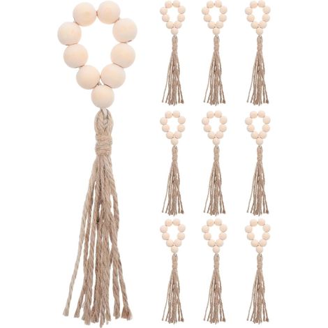 de 10 Perles Rondes en Bois Naturel 16 MM avec Pompons Beige (1/5)