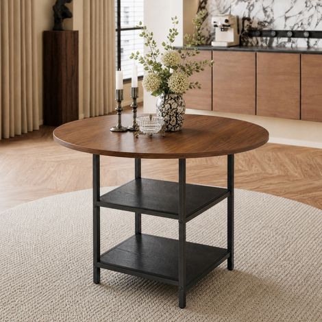 Table à manger ronde diamètre107cm imitation noyer avec double étagère, plateau MDF et structure métallique, pour 2-4 personnes, repas familial européen (1/5)