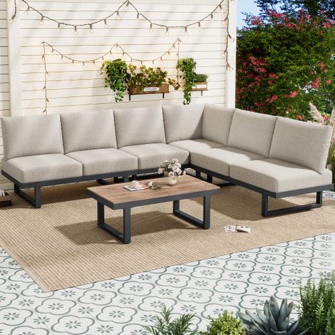 Gartenmöbel-Set, Garten-Loungesessel-Set, Ecksofa, Outdoor-Relaxbett, Couchtisch,Kann in ein Liegebett umgewandelt werden, verzinkter Stahl, graubeige