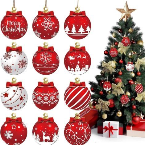 royaluxe -Lot de 12 boules de Noël rouges et blanches à suspendre en bois - Décorations festives pour sapin de Noël avec flocons de neige, rennes et Père Noël (1/5)